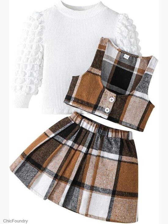 Other - Toddler Girls Christmas Puff Sleeve Knit Top Vest Plaid Skirt Set 2-11T